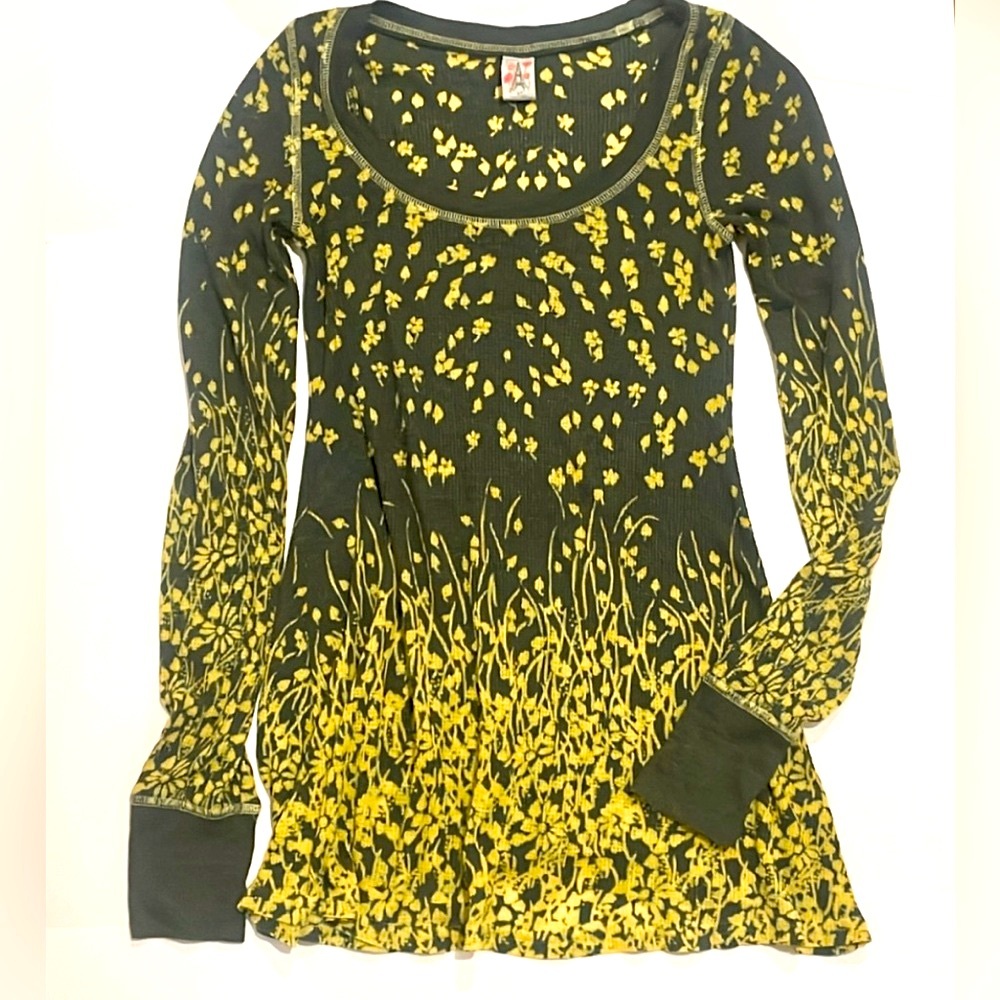 Free People Grey & Yellow Floral Long Sleeve Top